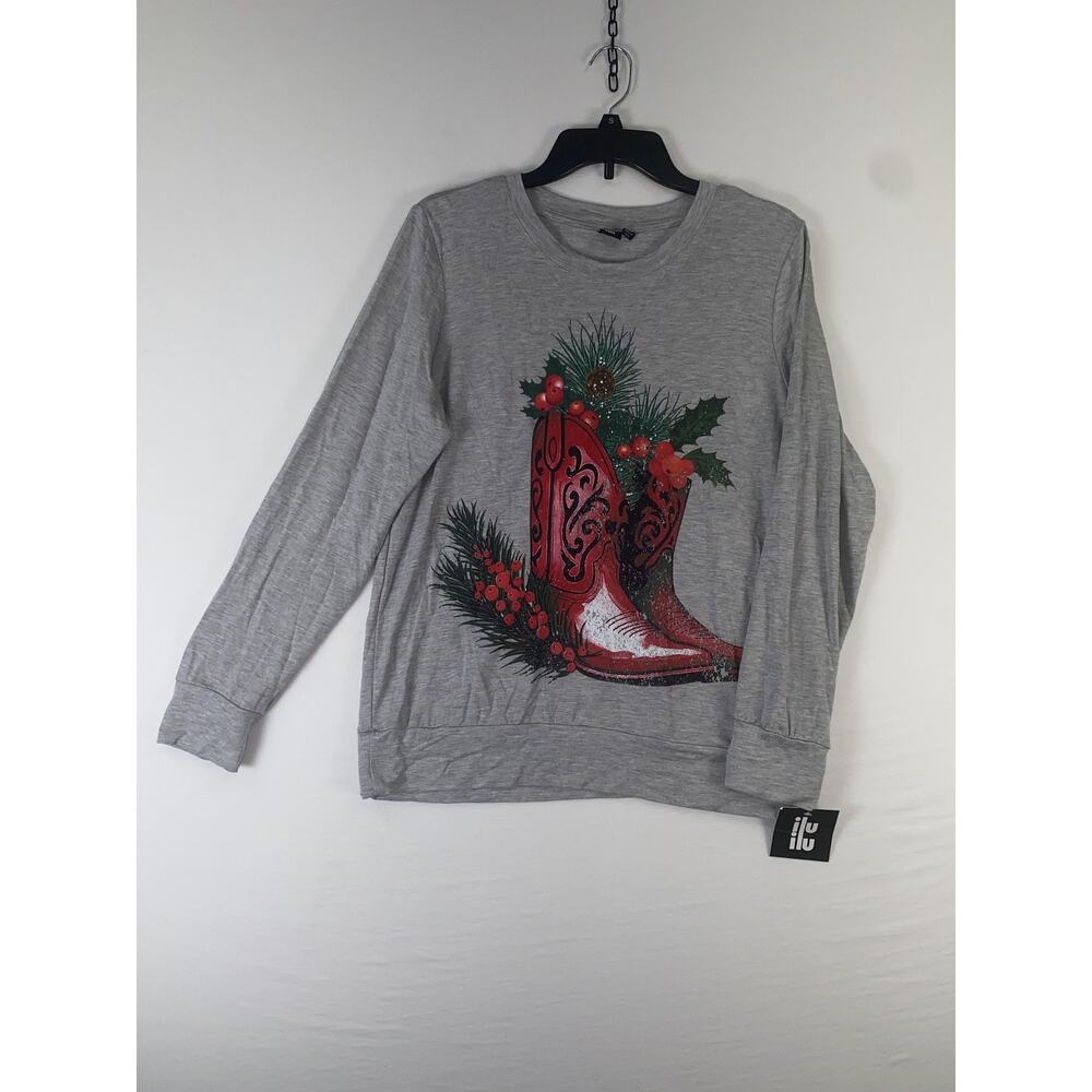 Ilu Shirt Womens Small Gray Christmas Cowboy Boots Graphic Long Sleeve Top